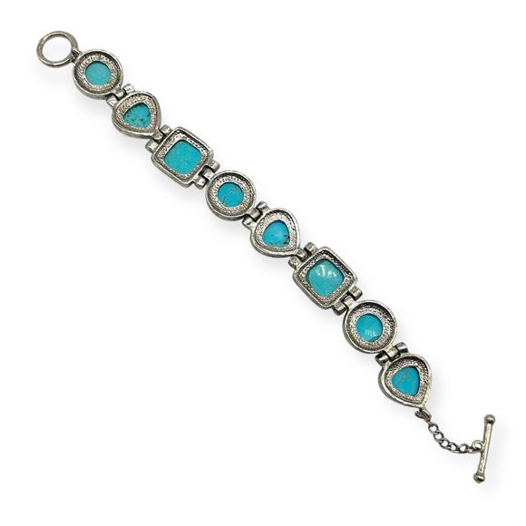 Burnished Silver Bracelet Turquoise Multi Shaped Semi Precious Stone Howlite - Picture 10 of 11